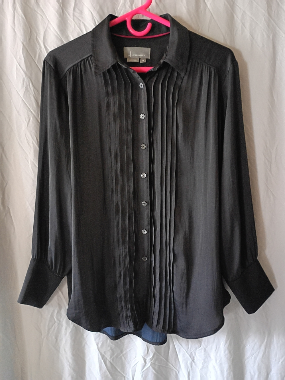 Anthropologie Black Pintuck Pleated Button Down Blouse Long Sleeve